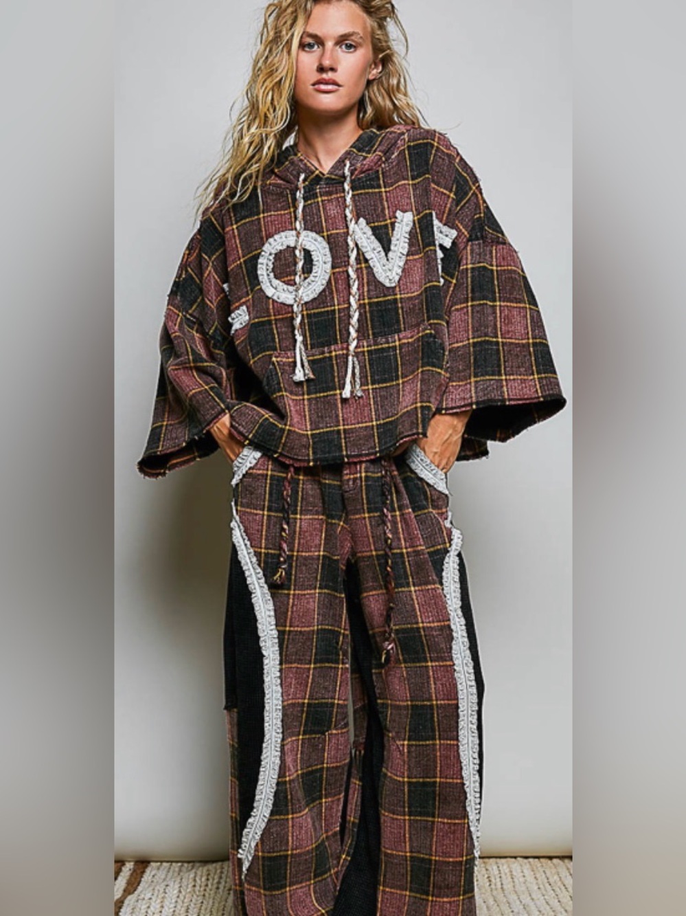 POL Plaid 'LOVE' Hooded Pant Set in black and Brown